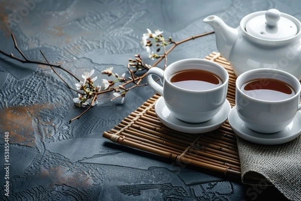 Fototapeta High Resolution Picture of Asian Food and Drink Set White Teapot and Black Tea in Two Cups