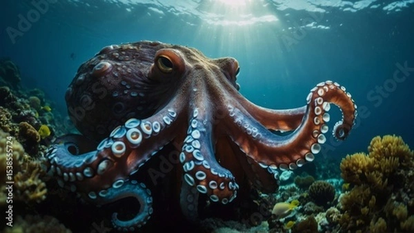 Obraz Magnificent Octopus displays remarkable skin texture underwater with sun rays piercing through the ocean
