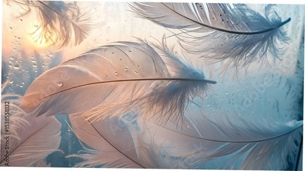 Obraz Close-up of translucent feathers layered on top of frosted glass, light filtering through softly, abstract yet organic, pastel tones and cool ambiance