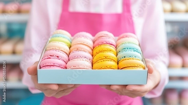 Fototapeta A person in a pink apron holds a box of colorful macarons, displayed neatly in rows, ready to serve or gift.