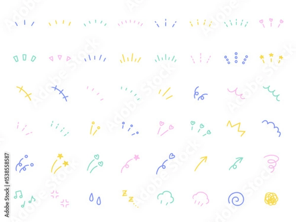 Fototapeta 手書きの飾りイラストのベクターイラストセット。手描き、集中線、注目、矢印