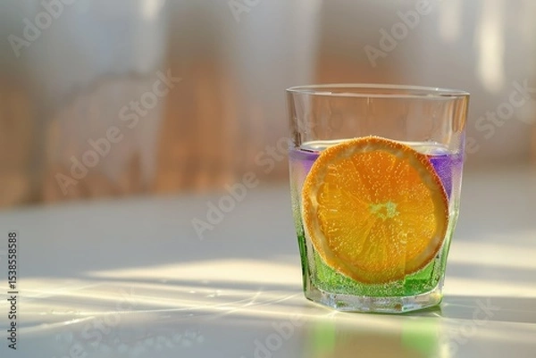 Fototapeta Detailed Picture of a Glass with a Green and Orange Slice of Orange and Purple Liquid in it