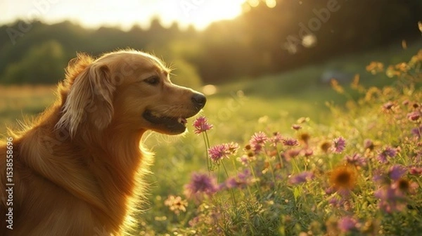 Fototapeta A dog playfully sniffing the flowers in a sunlit field of wildflowers, surrounded by green grass and a few trees in the background. 