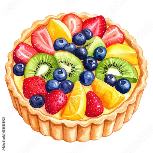 Obraz Fruit tart filled with assorted fresh fruits including strawberries, blueberries, and kiwi, all arranged in a decorative pastry shell. cut out. transparent background