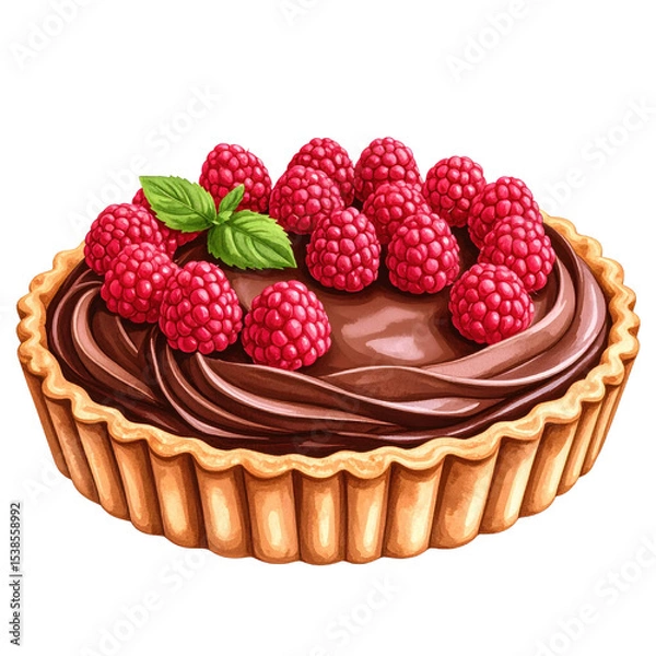 Obraz Delicious chocolate tart topped with fresh raspberries and mint leaves. cut out. transparent background