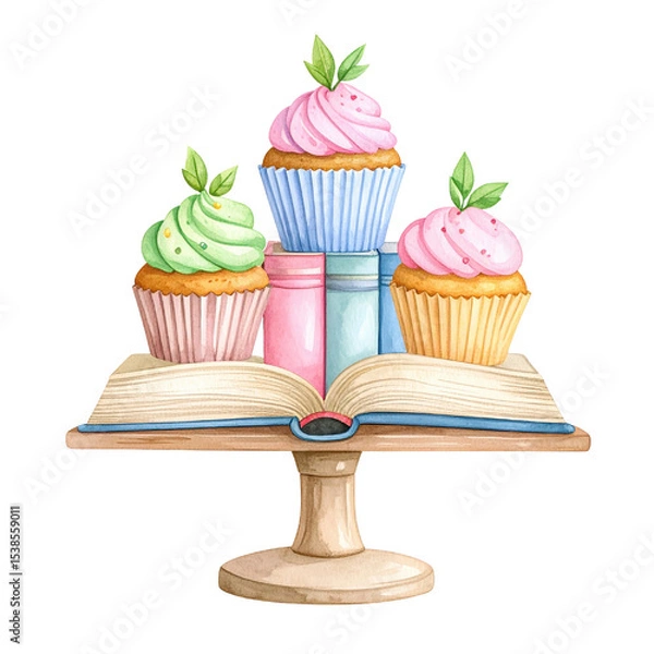 Obraz A stack of three colorful cupcakes rests on an open book, showcasing a whimsical dessert theme. cut out. transparent background