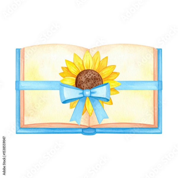 Obraz An open book featuring a sunflower and a blue ribbon. cut out. transparent background