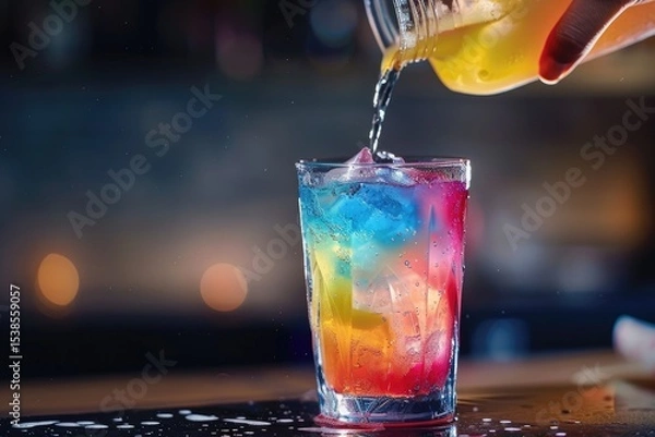 Fototapeta Vibrant Image of a Person Pouring a Drink Into a Glass with a Colorful Drink in it