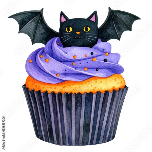 Obraz A whimsical cupcake topped with purple frosting and a playful black cat with bat wings peeking out. cut out. transparent background