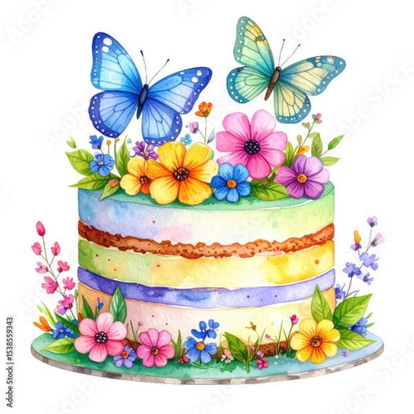 Obraz A decorated cake adorned with colorful flowers and butterflies. cut out. transparent background