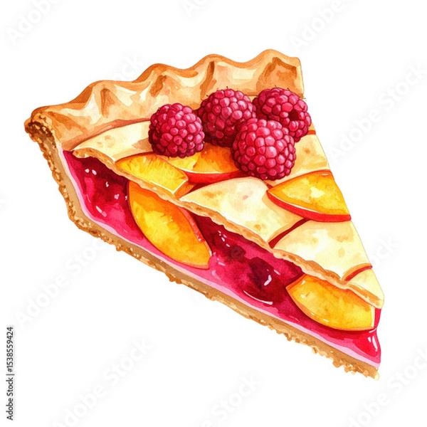 Obraz Slice of pie topped with raspberries, featuring a colorful filling and golden crust. cut out. transparent background