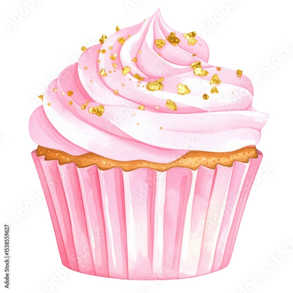 Obraz Cupcake with pink frosting and golden sprinkles on a textured base. cut out. transparent background