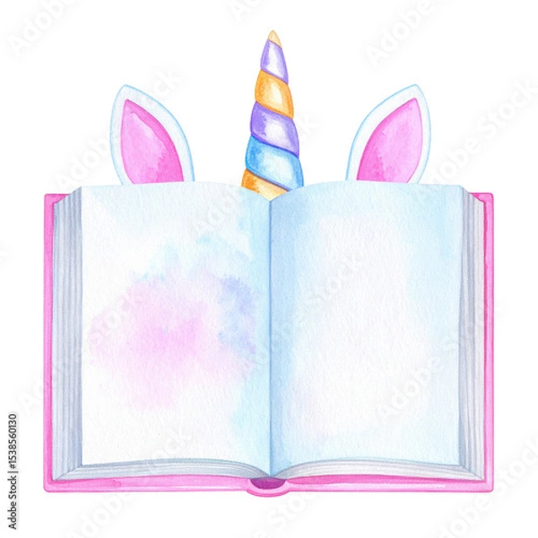 Fototapeta An open book with unicorn ears and a colorful horn emerging from its pages. cut out. transparent background