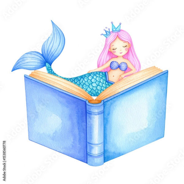 Obraz A whimsical mermaid resting on an open book, showcasing vibrant colors and playful design. cut out. transparent background