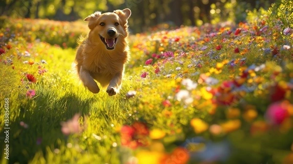Fototapeta A dog running through a vibrant, flower-filled meadow, with the sun casting long shadows on the grass. The scene is serene and full of life, with wildflowers in bloom surrounding the happy dog. 