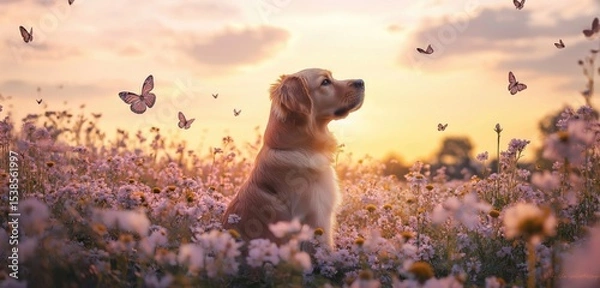 Fototapeta A dog sitting in the middle of a field of wildflowers, with butterflies fluttering around the flowers and the sky painted in soft pastel colors during sunset. 