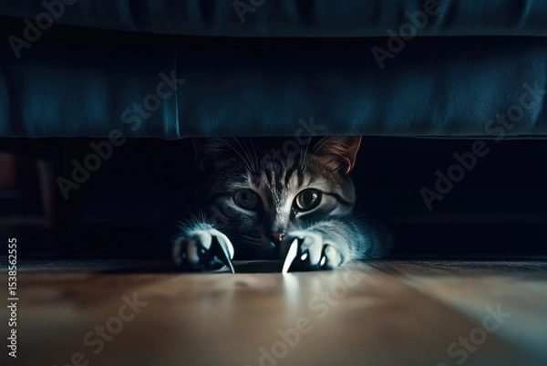 Fototapeta A cat??s claws extending out from beneath a dark velvet sofa, barely catching the light as they scrape against the wooden floor. 