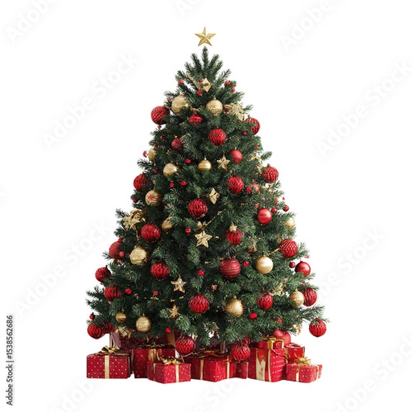 Fototapeta Festive christmas tree adorned with decorations against a black background