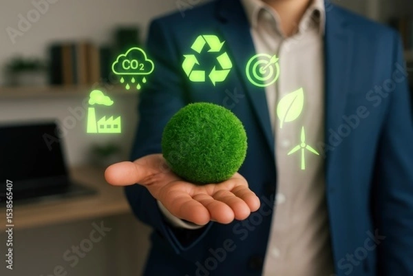 Fototapeta Hand Holding Green Spherical Earth/Globe with Environmental Icons, Representing Sustainable Development & Eco-Friendly Solutions.