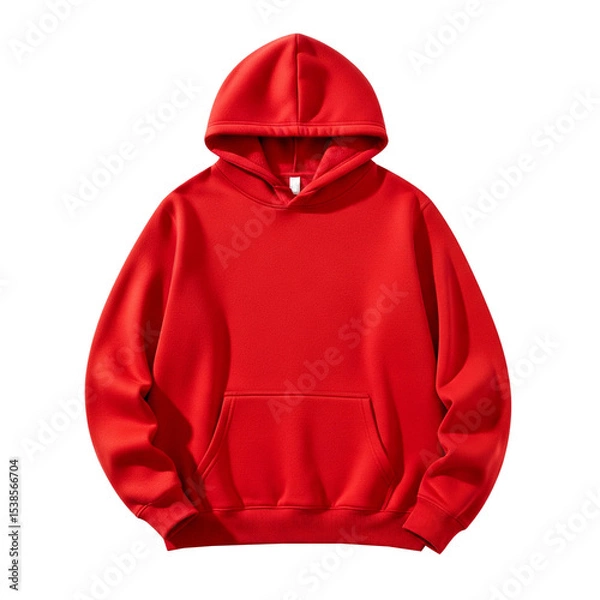 Obraz Red hoodie with a front pocket and a drawstring hood. The garment is displayed on a transparent background, showcasing its vibrant color and casual style.
