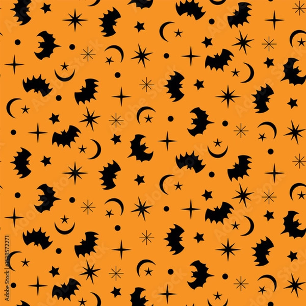 Fototapeta Black Bats seamless pattern with crescent moon and retro stars on orange background. For Halloween print, fabric and textile