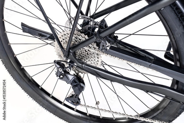 Fototapeta Studio shot of a bike's rear cassette and derailleur in close-up, details of the chain, spokes, and gears.