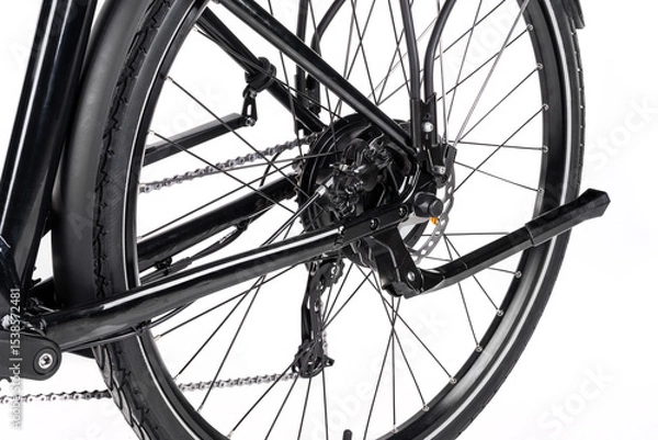 Fototapeta Studio shot of an electric motor and gears on rear e-bike hub close-up, details of the chain, spokes, and gears.