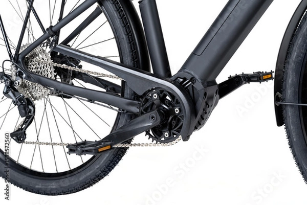 Fototapeta Studio shot of an electric motor and gears on rear e-bike hub close-up, details of the chain, spokes, and gears.