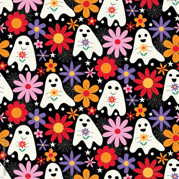 Fototapeta Funny Halloween Ghosts with retro groovy colorful flowers with spiderweb seamless pattern. For Halloween fabric, backgrounds and textile