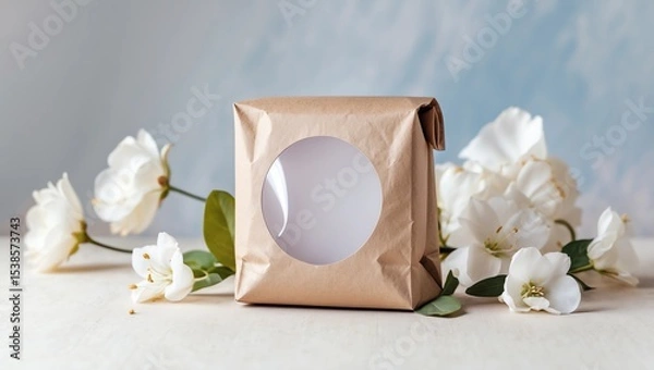 Fototapeta Round sticker mockup on gift box, wedding favor box and blank sticker label to showcase design or text