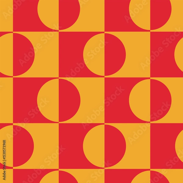 Fototapeta Minimalist half circles on retro squares seamless pattern in orange and red. For wallpaper, home décor and retro backgrounds