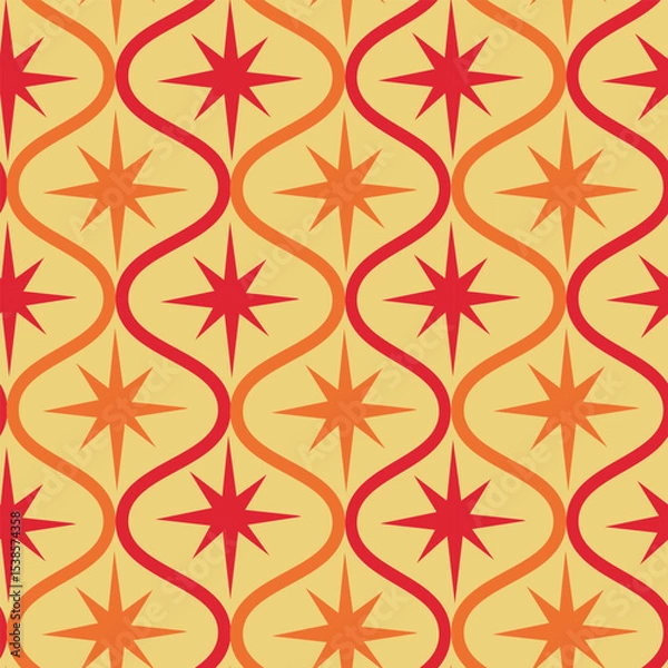 Fototapeta Mid century modern red and orange atomic starbursts on retro ogee shapes seamless pattern on yellow background. For wallpaper, home décor, wrapping paper and fabric