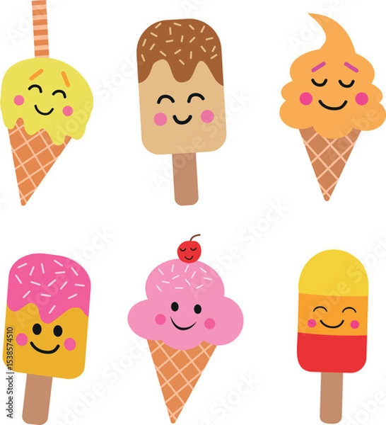 Fototapeta Set of Six Kawaii cartoon colorful ice cream cones. For stickers, summer graphics , clipart, and kids clothing