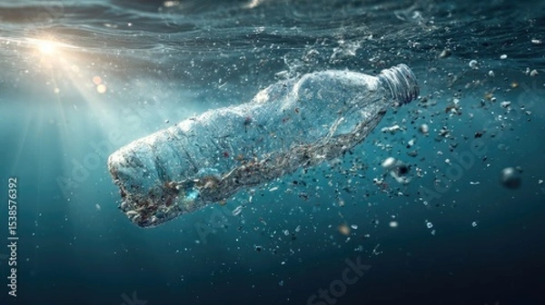 Fototapeta Pollution in Ocean: A transparent plastic bottle floats submerged in the ocean, with sunlight filtering through the water.