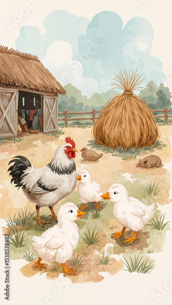 Fototapeta Chicken and ducklings in rural paddock and haystack