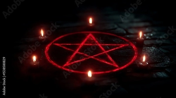 Fototapeta A glowing red pentagram surrounded by lit candles creating a mystical atmosphere on a dark surface.