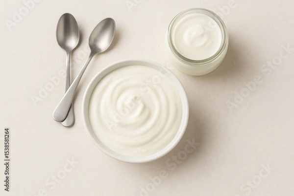 Obraz Top-down view of a bowl filled with yogurt alongside spoons and a jar on a bright surface