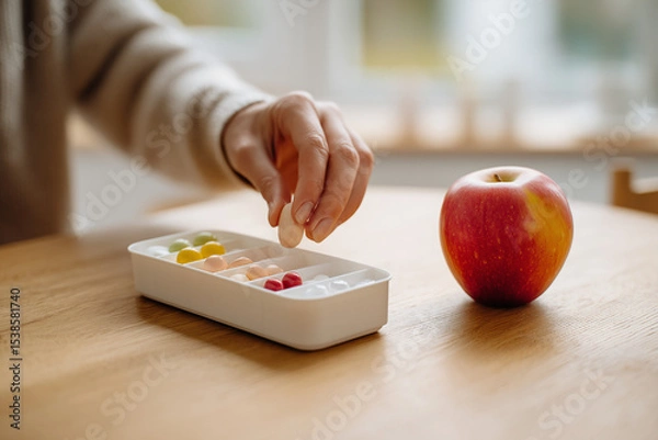 Fototapeta Hand placing colorful gummy candies in a tray beside an apple  