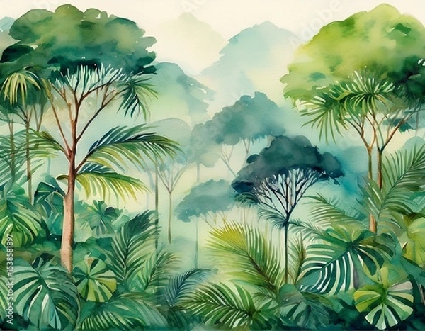 Fototapeta painting of a jungle landscape lush green rainforest with big trees and leaves watercolor pattern wallpaper in vintage retro style abstract art concept