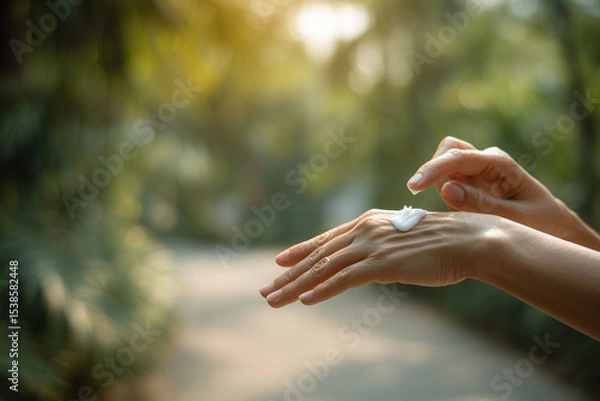 Fototapeta Woman applying cream on her hand in nature with soft sunlight  