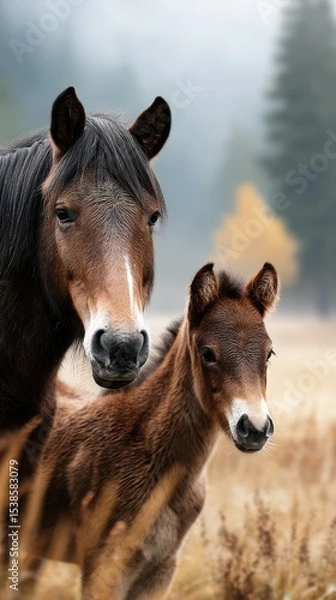Fototapeta Horses in a serene meadow at dawn with a mother and foal sharing a quiet moment