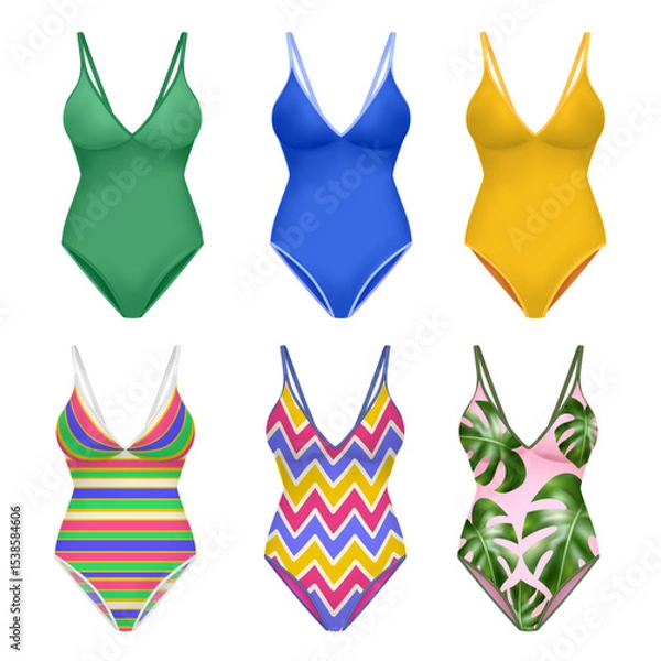 Obraz Collection of female solid swimsuits realistic color set isolated at white background vector illustration