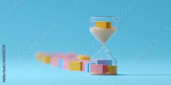 Fototapeta An hourglass with colored blocks inside is placed on a blue surface. Concept: time management, balance, and creativity