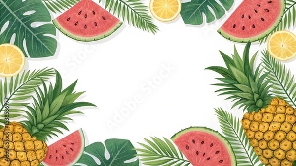 Fototapeta Colorful border design featuring watermelon, pineapple, and tropical leaves, ideal for summer-themed graphics and decoration.