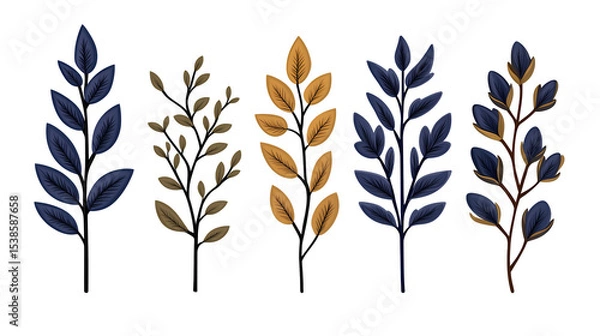 Fototapeta Minimal botanical leaf illustration set with dark and gold tones on isolated transparent background, png