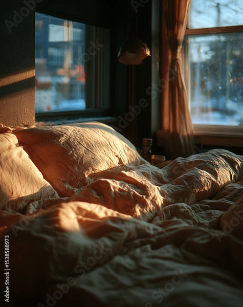 Fototapeta Warm Sunlight Illuminates a Cozy Bedroom Scene with Snowy View
