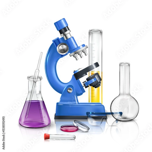Obraz Realistic laboratory set of isolated compositions with various lab equipment scales microscope and test tube stands vector illustration
