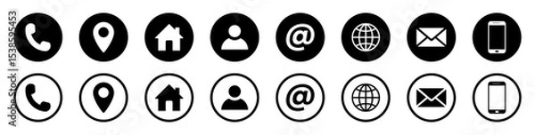 Obraz Set of contact and communication icons in outline and circle style. Contact information icons for business cards. Includes home, map pin, globe, at symbol, phone, and email. Vector illustration.