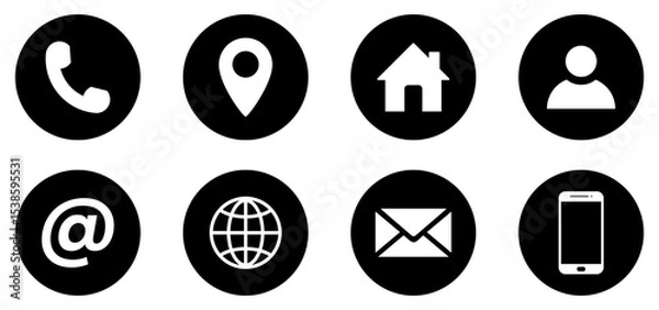 Obraz Set of contact and communication icons in flat circle style. Contact information icons for business cards. Includes home, map pin, globe, at symbol, phone, and email. Vector illustration.