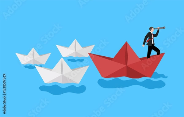 Obraz business leadership concept, businessman with telescope on paper boat cartoon vector illustration